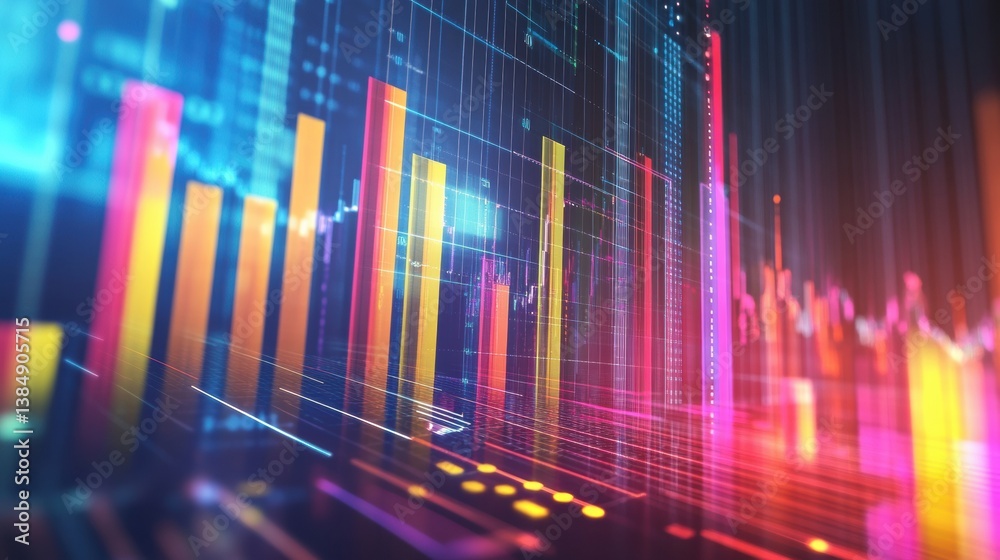 Poster dynamic business data visualization with colorful bar charts and vibrant analytics for modern financ