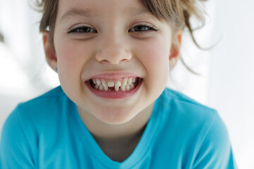 Loss baby teeth. Baby teeth have to fall out to make way for permanent teeth to grow. Girl showing...