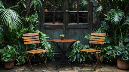 Fototapeta premium Quiet outdoor seating with lush greenery creates a tranquil atmosphere