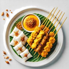 Sate Padang Skewers with Yellow Curry Sauce and Rice Cakes on Banana Leaf – Traditional West Sumatran Satay Flatlay – Indonesian Spiced Grilled Meat Dish Top View for Culinary Stock Photography
