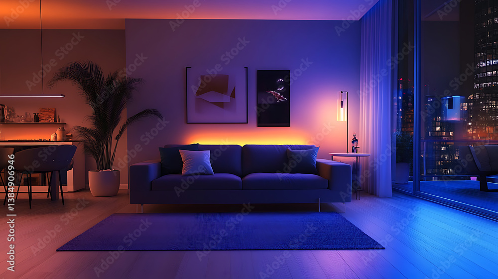 Poster an ai driven smart home lighting system adjusting brightness and color based on time of day and user