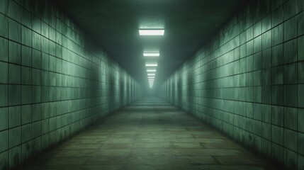 A dimly lit hallway with green-tinted walls and ceiling lights, creating an eerie and mysterious atmosphere.