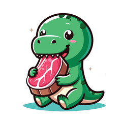 Fototapeta premium green dino eat meat cute mascot illustration
