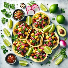 Authentic Tacos al Pastor with Pineapple, Cilantro, Onion, and Lime – Traditional Mexican Street Food Flatlay with Salsa, Radish, Avocado, and Fresh Ingredients – Vibrant and Colorful Overhead Shot