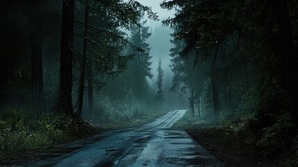 Obraz premium Misty forest road, dark, moody, nature, rain