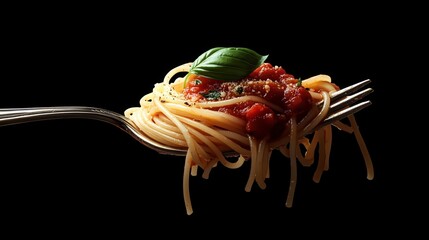 A forkful of spaghetti topped with rich tomato sauce and fresh basil, showcasing the delightful essence of Italian cuisine and its vibrant flavors, perfect for food lovers.