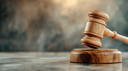 A beautifully crafted wooden gavel rests on a circular base, symbolizing justice and authority in a courtroom setting against a blurred, neutral backdrop for emphasis.