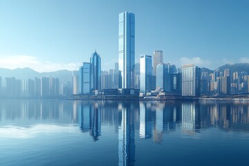 Fototapeta premium Under a bright blue sky, the modern metropolitan skyline is dotted with glass towers that reflect light and office buildings. Generative Ai