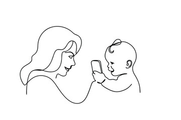 Mother and Baby Online Drawing, Smartphone Interaction, Modern Family