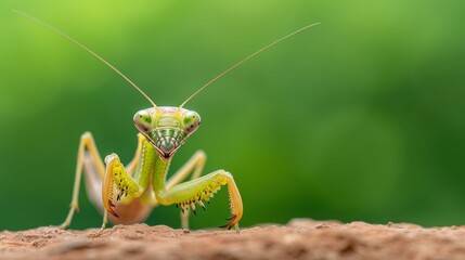 A close-up of a green praying mantis perched on the ground, showcasing its unique features against a soft green background.