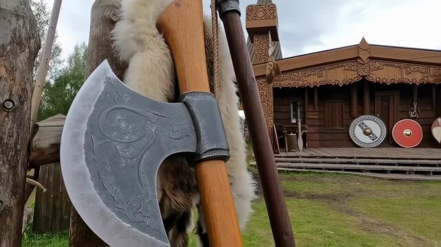 Viking Battle Axe Against Wooden Post