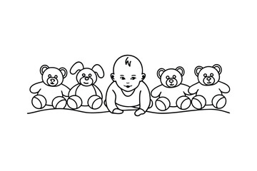 Adorable Baby with Teddy Bears and Bunny Toy Illustration