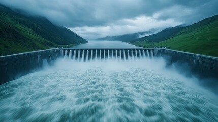 A dramatic view of a dam releasing water, surrounded by lush green hills and a cloudy sky, showcasing the power of nature and human engineering.