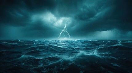 A dramatic seascape featuring turbulent waves and dark storm clouds, illuminated by flashes of lightning, creating an intense and moody atmosphere.
