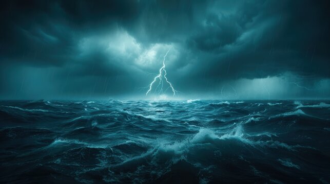 A dramatic seascape featuring turbulent waves and dark storm clouds, illuminated by flashes of lightning, creating an intense and moody atmosphere.