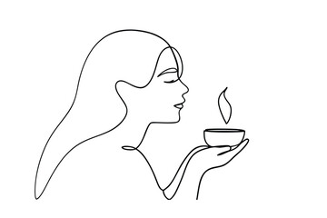 Woman enjoying aromatic tea, online art, peaceful moment, calm, serene, minimalist, beauty, tranquil