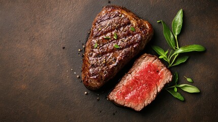 A dual presentation of a perfectly cooked steak, highlighting its juicy pink center and seasoned crust, complemented by fresh herbs for an enticing visual appeal.