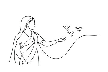 Indian Woman, Saree, Birds, Freedom, Peace, Hope, Online Art, Minimalist, Spirituality, Drawing