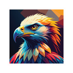 Bald eagle predator with striking blue eyes, a powerful beak, and white head against a blue and red background