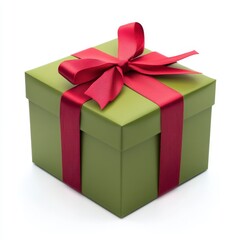 Obraz premium Green Gift Box with Red Ribbon on a Pure White Background