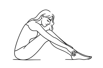 Elegant Line Drawing Pensive Woman, Seated, Peaceful Pose, Simple, Minimalist, Art, Sketch, Outline,