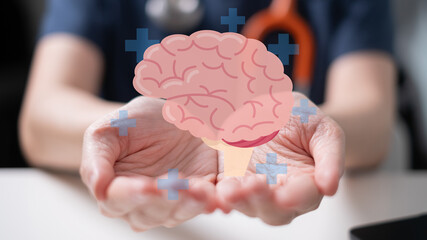Doctor holding brain medicine health science intelligence treatment neurology diagnosis care memory...
