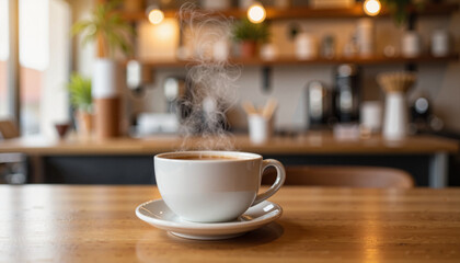 Steaming coffee cup on wooden table in cozy caf&eacute;, warm ambiance