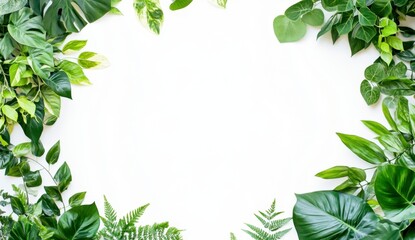 Greenery Frame with Fresh Leaves on Top of White Background