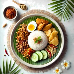 Nasi Uduk Traditional Indonesian Dish with Coconut Rice, Fried Chicken, Sambal, Tempeh, Egg, and Side Dishes – Top View Food Photography for Menu, Blog, or Culinary Content