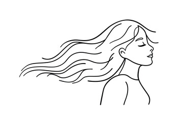Elegant Woman Profile Line Art Windblown Hair, Serene Face, Minimalist Drawing