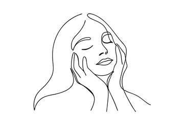 Serene Woman, Online Drawing, Minimalist Art, Peaceful Expression, Face, Hands, Long Hair, Beauty, 