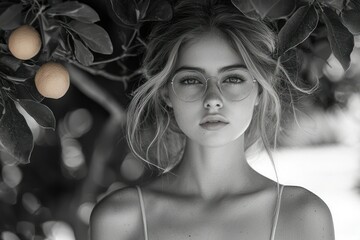 Black and White Portrait of a Girl with Glasses Near a Tree