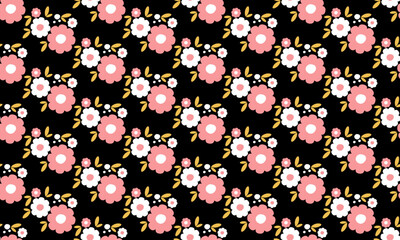 a fabric pattern composed hand drawn of white and pink flower with black background , design for fabric or various pattern printing works.