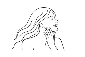 Serene Woman, Line Art, Long Hair, Skincare, Beauty, Elegant, Minimalist, Profile, Peaceful, Face