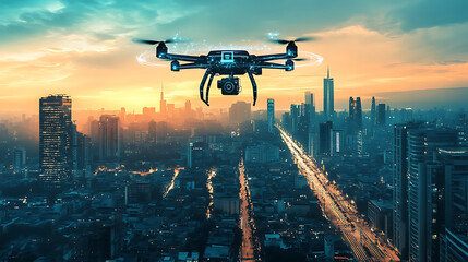 An AI enhanced police patrol drone scanning a city for security threats, urban skyline with digital crime analytics, Futuristic law enforcement style