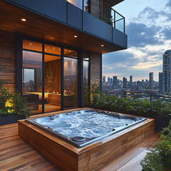 An urban penthouse with a rooftop garden, a jacuzzi, and panoramic city views