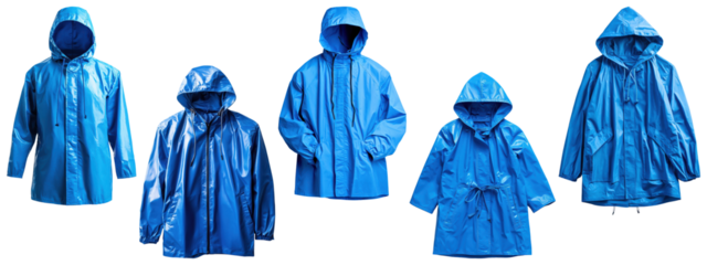 Set of blue rain jackets and waterproof coats with hoods, isolated on transparent background
