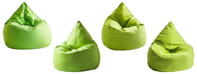 Set of green bean bag chairs in different angles, isolated on transparent background