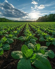 Serene Sunset Over Lush Green Tobacco Field