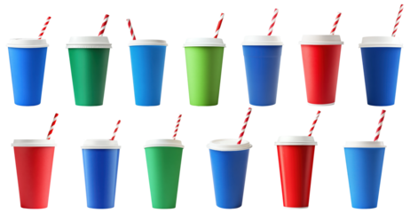 Set of colorful takeaway coffee cups with lids and striped straws, isolated on transparent background