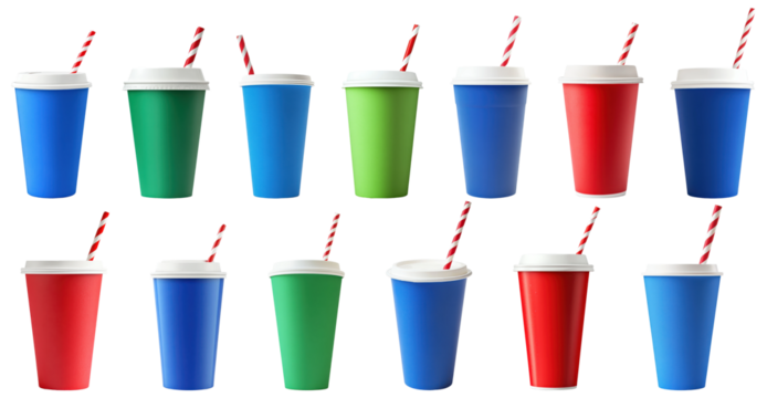 Set of colorful takeaway coffee cups with lids and striped straws, isolated on transparent background