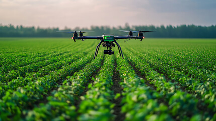 An AI powered agricultural drone analyzing crop health in a smart farm, expansive farm field with real-time crop data collection and health diagnostics, Agricultural technology style