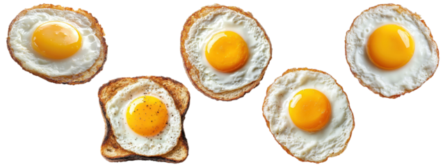 Set of crispy fried eggs with golden yolks, including one on toast, isolated on transparent background