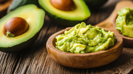 Creamy avocado spread in wooden bowl, surrounded by fresh avocados on rustic wooden table. vibrant green color and smooth texture evoke sense of freshness and healthiness