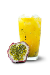 Cross section of mature passion fruit and yellow juice with black seeds and cubic ice in a glass...