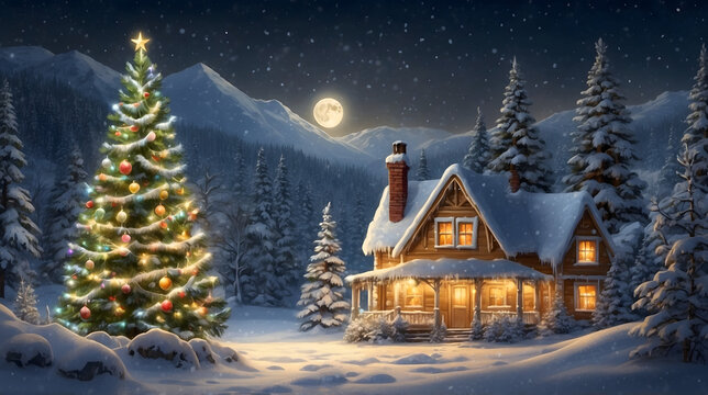 Cozy Snow-Covered Cabin at Night with Glowing Windows, Decorated Christmas Tree, Falling Snowflakes, Full Moon, and Peaceful Winter Landscape in a Pine Forest - Powered by Adobe