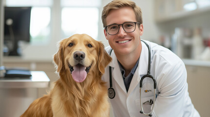 A caring young veterinarian with a happy golden retriever at a clinic