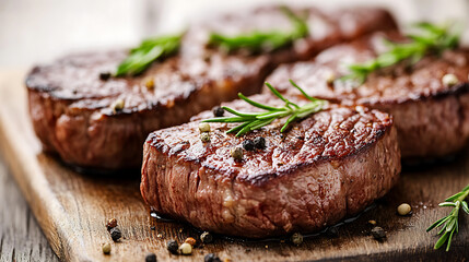 Juicy beef steaks are beautifully grilled and garnished with fresh herbs, showcasing mouthwatering presentation perfect for any culinary occasion