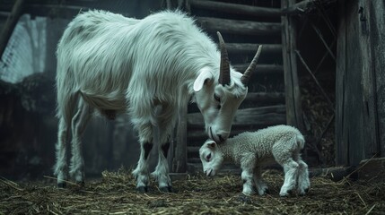 Obraz premium White goat tenderly nuzzling its young lamb in a rustic barn.