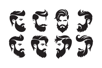 Set of  Beard and hair style face silhouette logo icon, isolated on white background